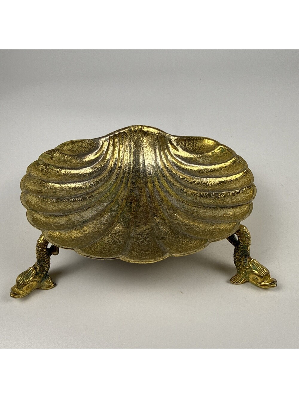 Brass Shell Dish Vintage Dolphin Koi Fish Footed Soap Trinket Bowl Unbranded